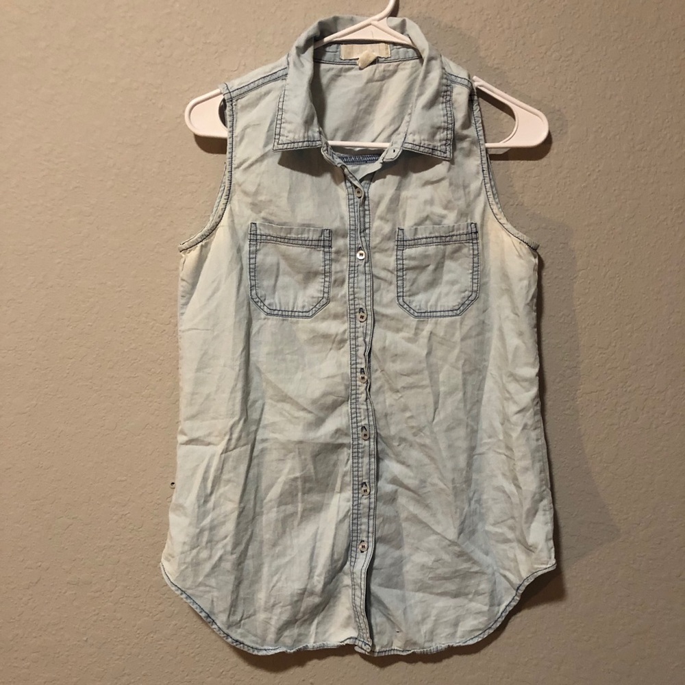 light blue sleeveless button down